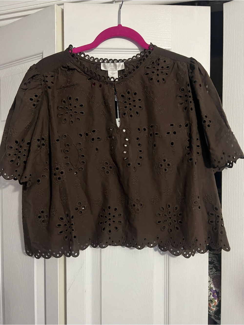 Caroline Constas Brown Eyelet Puff Sleeve Blouse